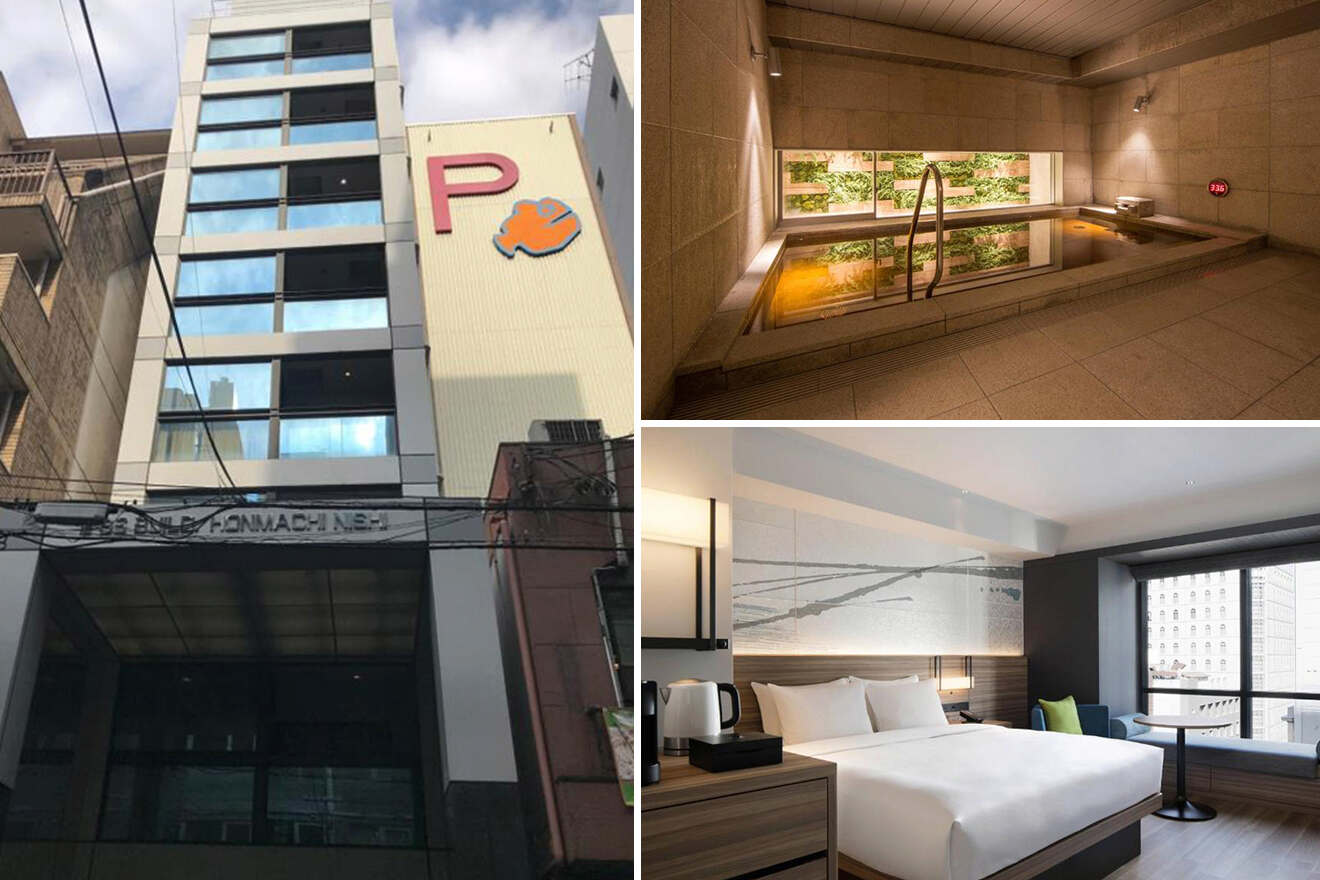 Collage of a hotels photos in Honmachi area: spa area with water feature, a comfortable bedroom with cityscape through the window, and exterior of the hotel