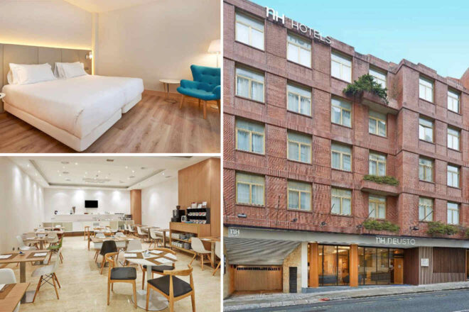 Collage of a NH-Bilbao-Deusto hotel: exterior brick facade, a minimalist bedroom with a white bed and blue chairs, and a dining area with wooden tables and chairs.