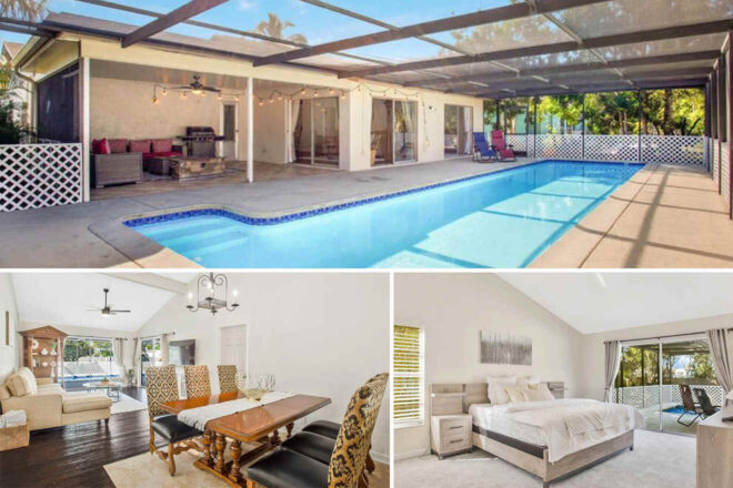 "A three-part collage showcasing residential comfort: an outdoor pool area with a covered patio and lounge seating, an elegant dining room with a hardwood floor and patterned chairs, and a bright, airy bedroom with large windows and modern furnishings