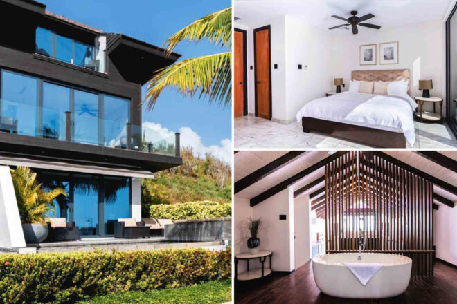 Collage of a Tamarind-Hills-Resort: exterior view with large windows and pool, a cozy bedroom with white bedding, and a luxurious bathroom with a circular bathtub.