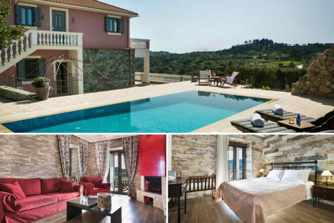 A collage of a mediterranean-style Villa-Athinais: view with a pool, and interior shots of a living room and a bedroom with elegant decor.