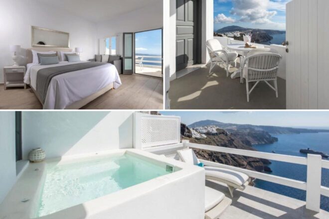 A collage of three hotel photos to stay in Santorini: a scenic balcony view with an outdoor hot tub overlooking the Aegean Sea at Aqua Luxury Suites, a spacious bedroom with wide doors leading to a sunlit balcony, and a balcony with two chairs and a table with panoramic views