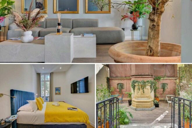 A collage of three hotel photos offering unique decor and ambiance: a cozy lounge with plush seating and natural elements, a bright bedroom with blue accents and a touch of yellow, and a serene courtyard with historic architecture and greenery
