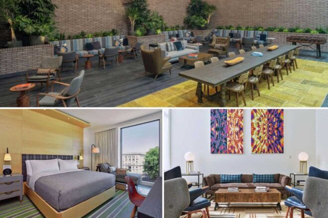 A collage of three hotel photos to stay in Portland: A rooftop lounge adorned with greenery and stylish outdoor furniture, an upbeat bedroom with colorful art and urban views, and a trendy living space with mixed modern and classic décor.