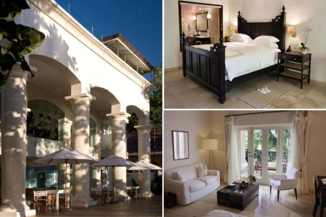A collage of three hotel photos to stay in the Dominican Republic: the classic facade of a beachfront resort with dining tables set under archways, a traditional bedroom with an elegant bed frame, and a light-filled living room with comfortable furnishings and terrace access.