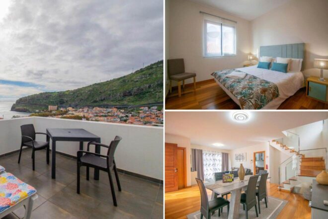 A collage of three living spaces to stay in Madeira: a balcony overlooking the rugged coastline, a simple bedroom with wooden floors and natural light, and a spacious living room with a modern staircase.