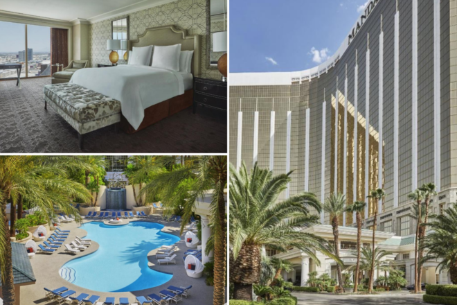 A collage of three images showcasing the Four Seasons Hotel Las Vegas: a refined bedroom with patterned upholstery and a view of the cityscape, an oasis-like pool with palm trees and lounge chairs, and the hotel's tall golden facade with palm-lined entryway.