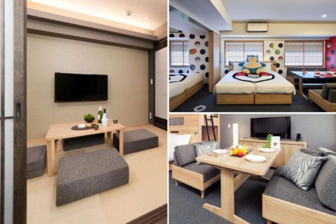 A collage of three hotel photos to stay in Kyoto: a family room in an apartment hotel with playful cartoon bedding, a sleek modern living area with a dining table, and a comfortable double room with minimalist decor.