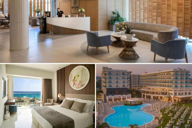 A collage of three hotel photos to stay in Cyprus: An elegant hotel reception area, a modern bedroom with seafront views, and an aerial shot of a sprawling hotel complex with an extensive pool.
