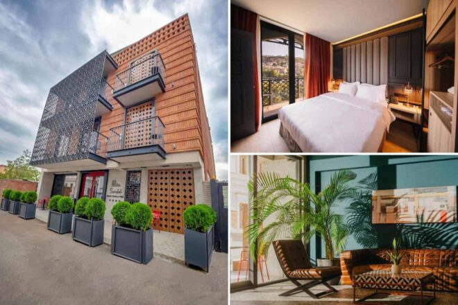 A collage of three hotel photos to stay in Tbilisi: the unique facade of Sandali Metekhi Boutique Hotel with wrought iron balconies, a cozy room with a view of the cityscape, and a vibrant lounge with eclectic furniture and greenery.