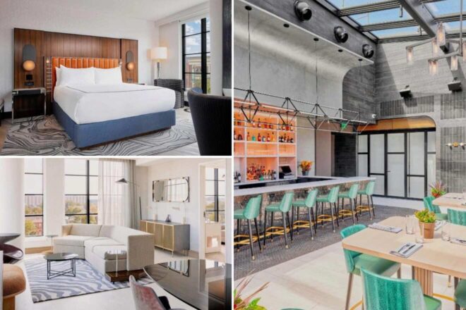 A collage of three hotel photos to stay in Detroit: a contemporary hotel room with large windows and patterned textiles, a sleek living area with modern furniture and a minimalist style, and a bright dining space with a unique ceiling design and teal bar stools.