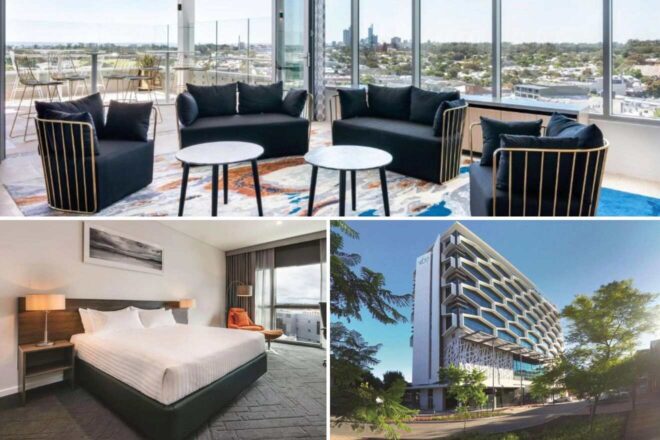 A collage of three hotel photos to stay in Perth: a luxurious lounge with black sofas and golden accents offering expansive views, a simple yet elegant bedroom with artwork, and the angular modern exterior of the Vibe Hotel.