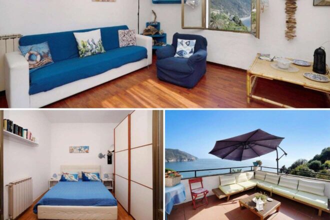 A collage of three hotel photos to stay in Cinque Terre: a living room with a large blue sofa and hardwood floors, a minimalist bedroom with blue accents and a bookshelf divider, and an expansive terrace with a full outdoor seating arrangement under an umbrella.