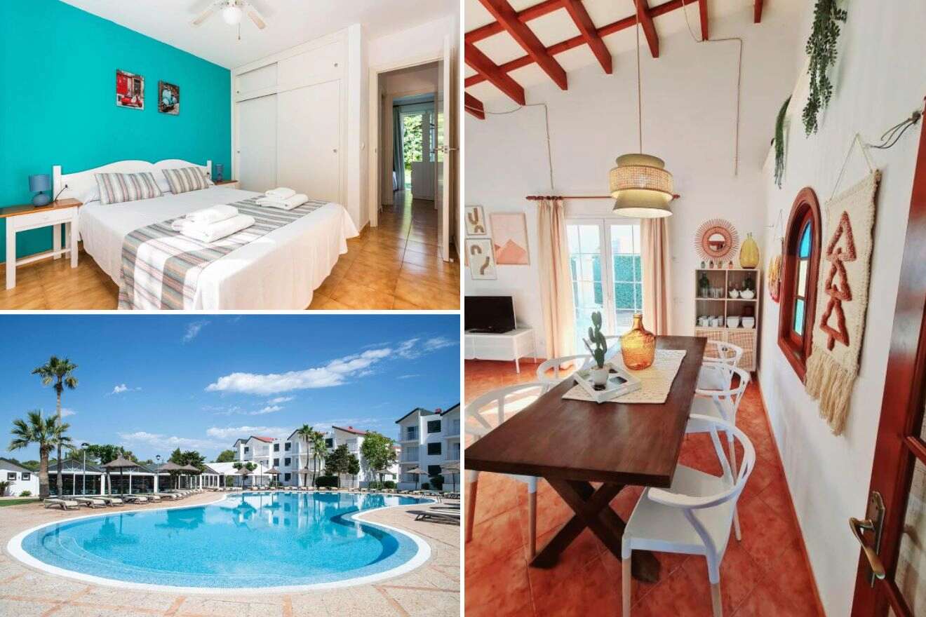 A collage of three hotel photos to stay in Los Delfines & Cala en Blanes: a vibrant bedroom with a turquoise accent wall, an eclectic dining area with rustic charm, and a refreshing circular pool in a white-walled resort