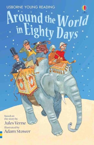 Illustrated cover of 'Around the World in Eighty Days' by Jules Verne, depicting characters riding an elephant