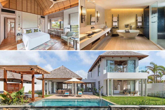 Collage featuring the Triptych of Anantara Iko Mauritius Resort & Villas: a breezy bedroom with a vaulted ceiling and wooden accents, a spacious bathroom with a standalone tub, and the hotel's stately white exterior against a clear blue sky