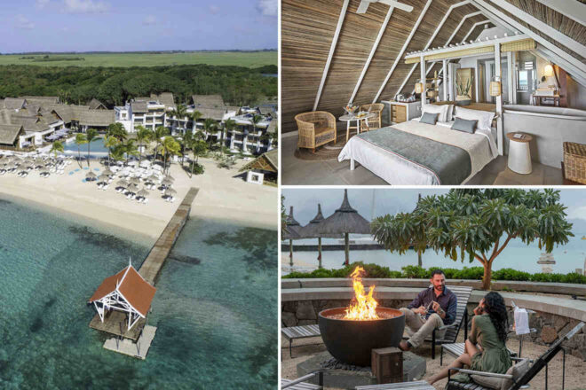Collage featuring the Preskil Island Resort: an aerial beach view, a cozy bedroom with a thatched roof, and a relaxing outdoor seating area with a fire pit overlooking the water