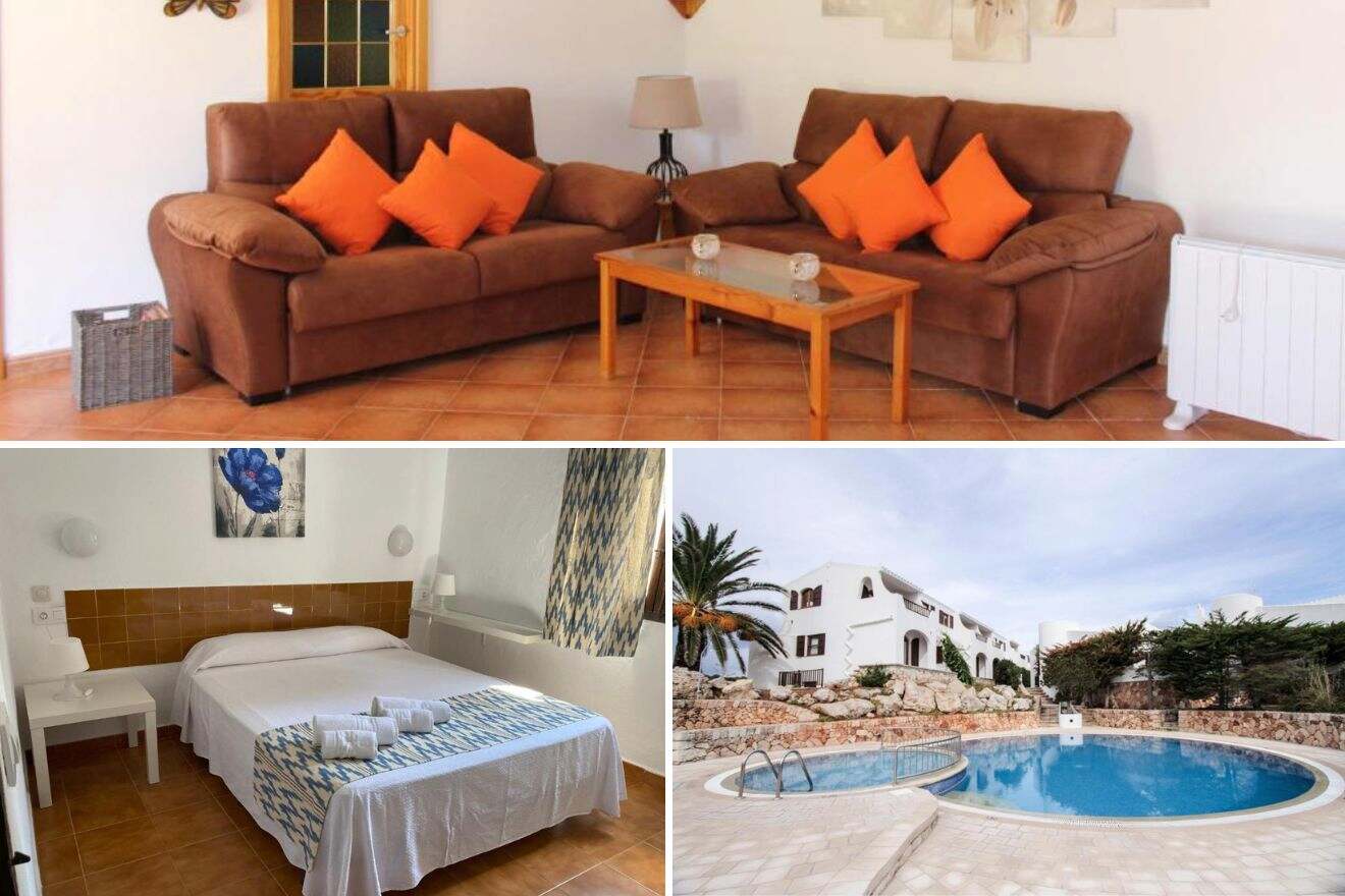 A collage of three hotel photos to stay in Cala Morell: a cozy living room with brown sofas and orange cushions, a simple bedroom with blue accents and wall art, and an inviting pool area set against traditional white Menorcan architecture