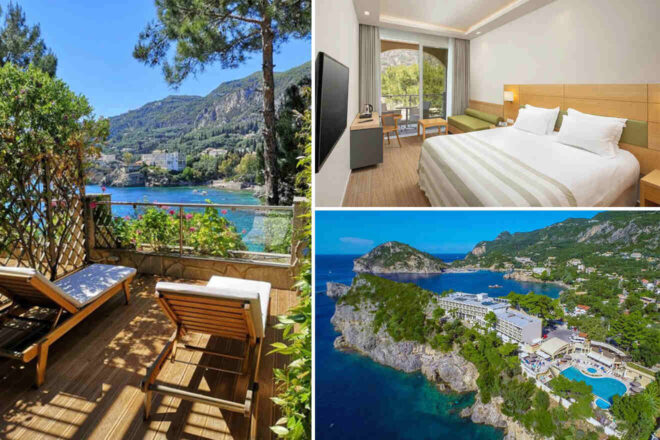 A collage of three images presenting Paleokastritsa hotel options: a panoramic sea view from a hilltop terrace, a modern room with a balcony overlooking the coast, and a bird's-eye view of a hotel complex nestled between the lush hills and azure sea.
