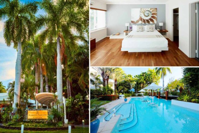 Collage featuring the Alamanda-Palm-Cove-by-Lancemore: a hotel entrance with towering palm trees, a minimalist bedroom with a wooden floor and large art piece, and a resort-style pool lined with umbrellas and surrounded by lush gardens