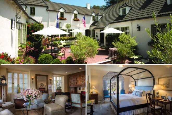 Collage of a luxury inn LAuberge-Carmel-Relais-Chateaux: exterior view with umbrellas and a garden, a cozy living room with chairs and flowers, and an elegant bedroom with a canopy bed.