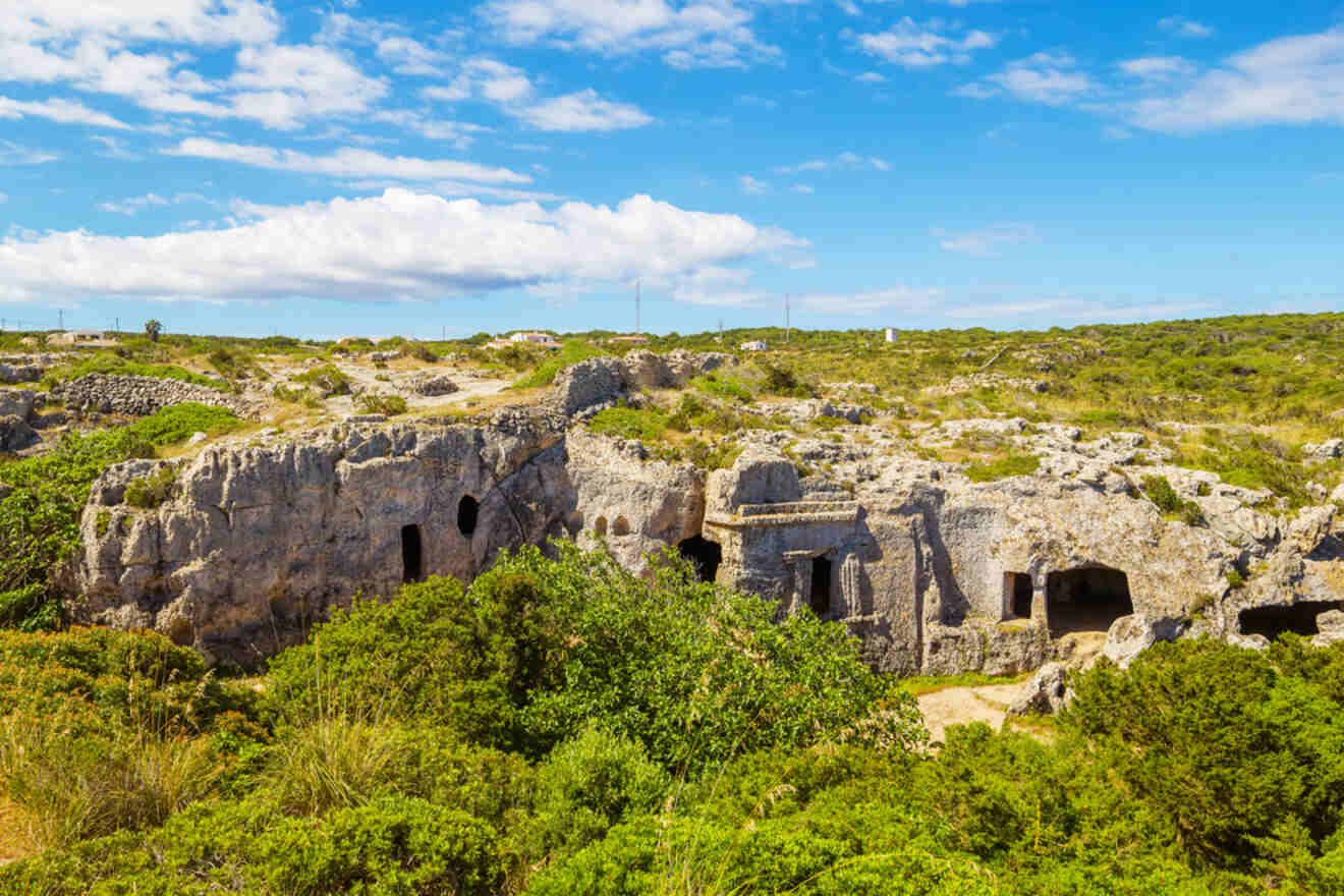 Ancient necropolis at North Menorca, featuring prehistoric cave dwellings carved into limestone rock amidst wild Mediterranean shrubbery under a blue sky