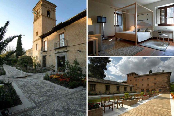 Collage of a Parador-de-Granada hotel showing an exterior with landscaped pathways, a cozy modern bedroom interior, and a wooden deck with seating.