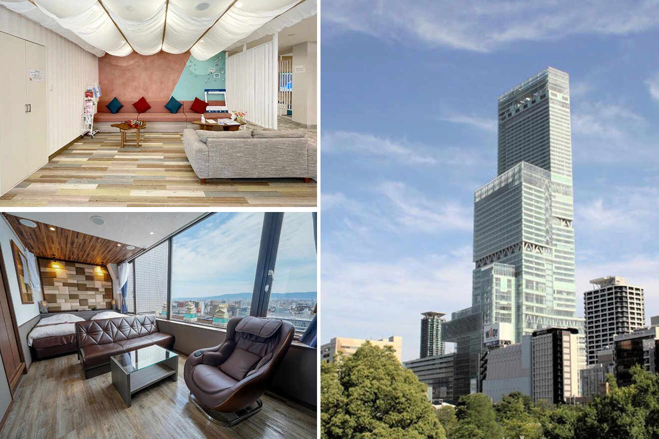 Collage of hotels in Tennoji area: a colorful, modern living room, a wooden interior with a view of a city, and a tall skyscraper surrounded by smaller buildings.