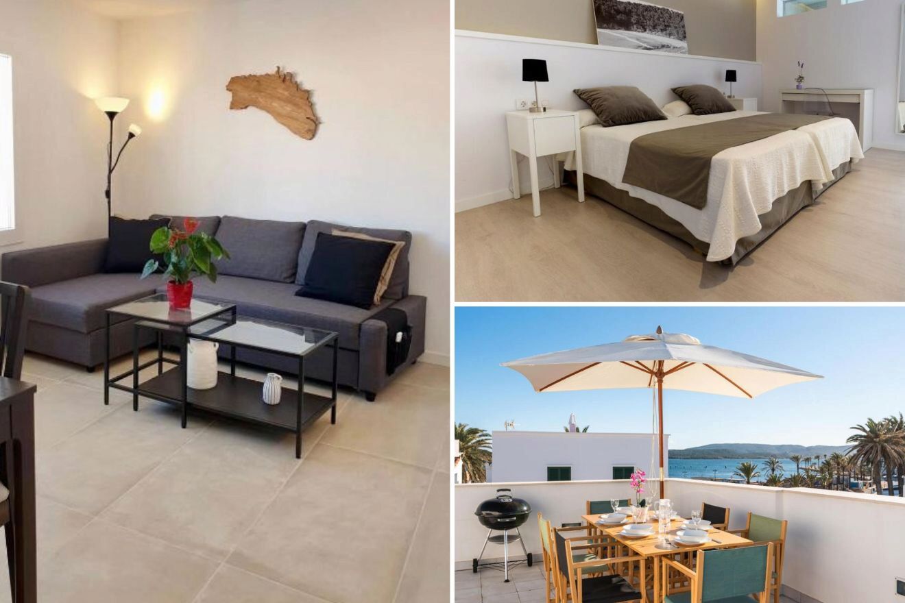 A collage of three hotel photos to stay in Fornells: a modern living room with a grey sofa and minimalist decor, a spacious bedroom with neutral tones and a sea-inspired photograph, and a rooftop dining area offering stunning views of the bay