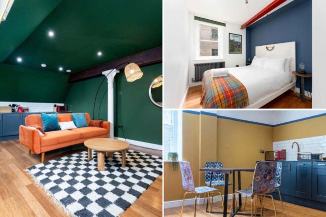 A collage of three hotel photos to stay in Edinburgh: a cozy attic living area with a vibrant orange sofa, a simple bedroom with a colorful plaid blanket, and a modern kitchenette with blue cabinetry and a small dining area.
