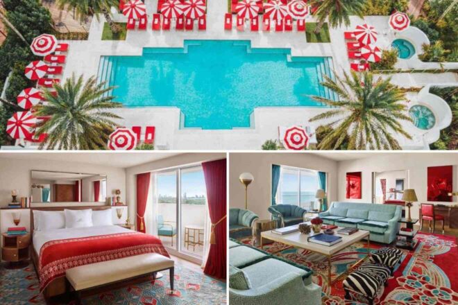 A collage of three hotel photos to stay in Miami: an aerial view of a resort pool with striking red sun umbrellas, an elegant bedroom with vibrant red accents and a coastal view, and a spacious living area with eclectic decor and ocean views.