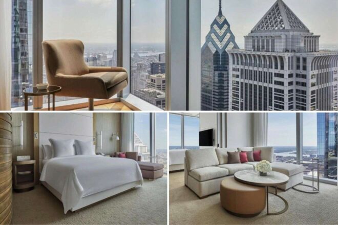 A collage of three hotel photos to stay in Philadelphia: A high-rise hotel room with floor-to-ceiling windows offering sweeping city views, an inviting contemporary bedroom with a clean aesthetic, and a luxurious living space with minimalist furniture and a spectacular city backdrop.