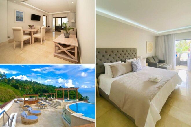 A collage of three hotel photos to stay in the Dominican Republic: a chic dining area with ocean views, a serene bedroom with modern decor, and an outdoor infinity pool surrounded by lush tropical greenery and seating areas.
