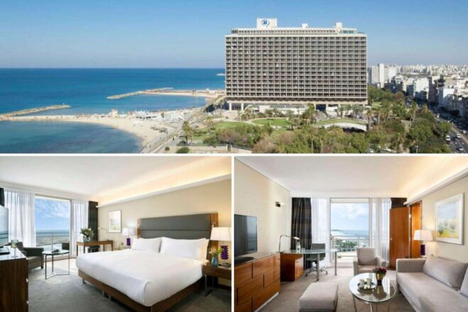 A collage of three hotel photos to stay in Tel Aviv: an overview of a sandy beach adjacent to a grand hotel building, a room with ocean views and a neutral color palette, and a suite that combines modern comfort with a hint of classic elegance.
