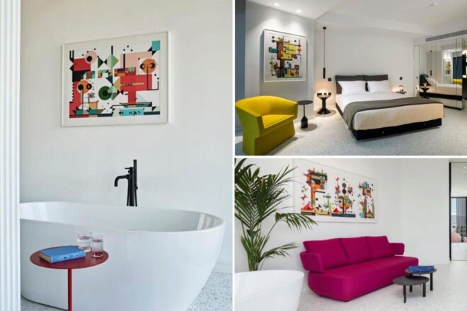 A collage of three hotel photos to stay in Cyprus: A minimalist bathroom with a standalone tub, a bright bedroom with vibrant art and a splash of yellow, and a chic living area with a bold fuchsia sofa.