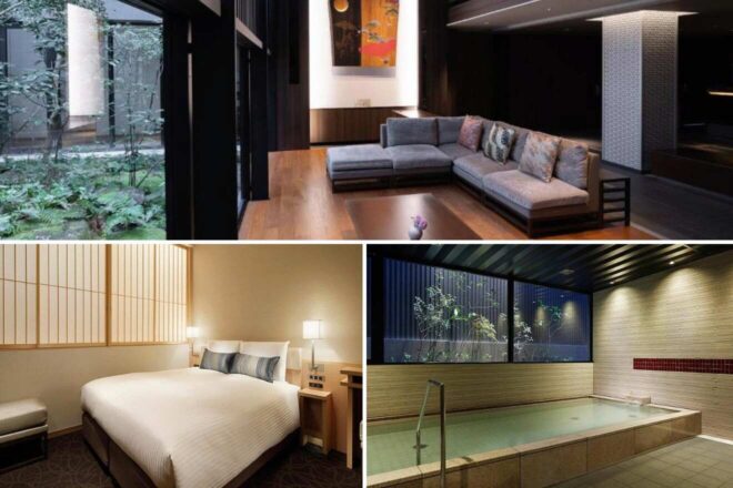 A collage of three hotel photos to stay in Kyoto: an airy living room with floor-to-ceiling windows showcasing a zen garden, a serene bedroom with simple elegance, and a public bath area with a view of a tranquil illuminated garden.