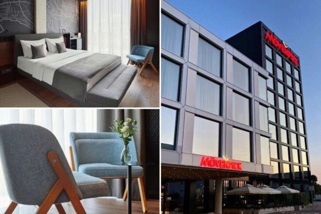 A collage of three images from Mövenpick Hotel in Zagreb with free parking: a modern bedroom with map-themed decor and comfortable furnishings, the hotel's contemporary exterior showcasing the Movenpick sign, and an indoor seating area with fresh flowers and a modern blue chair.