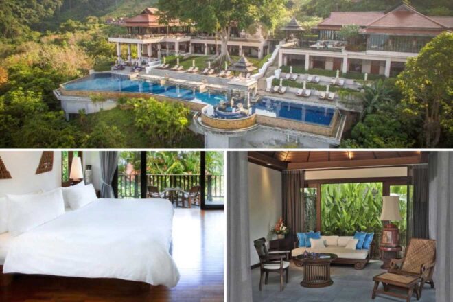 A collage of three hotel photos to stay in Krabi: an opulent hillside resort with an infinity pool overlooking a lush tropical forest, a bright room with a plush bed and balcony providing a verdant forest view, and an inviting sitting area with large windows that frame the rich greenery outside