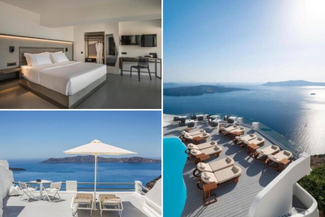 A collage of three hotel photos to stay in Santorini: the refined Sun Rocks Boutique Hotel with rooms with minimalistic decor, a serene terrace with a white parasol and lounge chairs, and a luxurious pool deck with sun loungers facing the tranquil blue sea