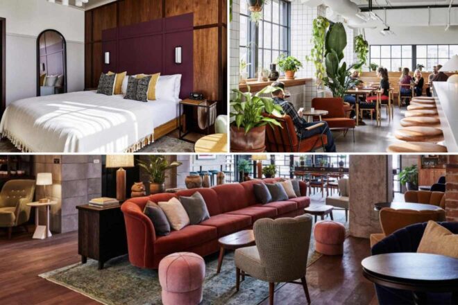 A collage of three hotel photos to stay in Portland: A minimalist bedroom with warm wood tones and a full-length mirror, a plant-filled café area with ample sunlight, and an opulent lounge with a striking red velvet sofa.