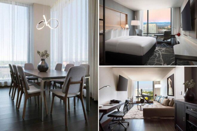 A collage of three hotel photos to stay in Denver: An elegant dining area with modern lighting, a luxurious room with floor-to-ceiling windows and city views, and a spacious living room with a comfortable seating area.