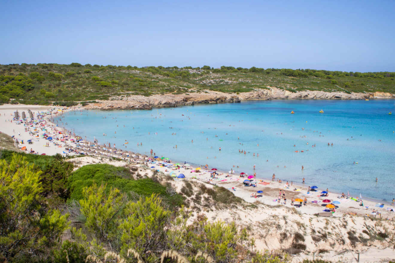 Tranquil beach day at Son Parc in Menorca with holiday-makers soaking up the sun on the sandy shore alongside azure waters, backed by a lush pine forest