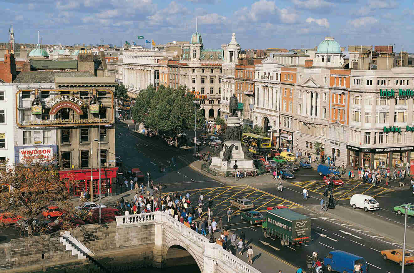 A bustling view of O'Connell Street in Dublin with the famous O'Connell Bridge, pedestrians, and multiple vehicles, under a clear sky.