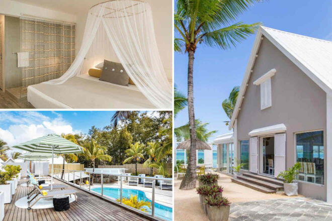 Collage featuring the Tropical Attitude hotel: a net-draped bed with a minimalist aesthetic, a sunny poolside deck with loungers and parasol, and a beachfront villa surrounded by tropical palms