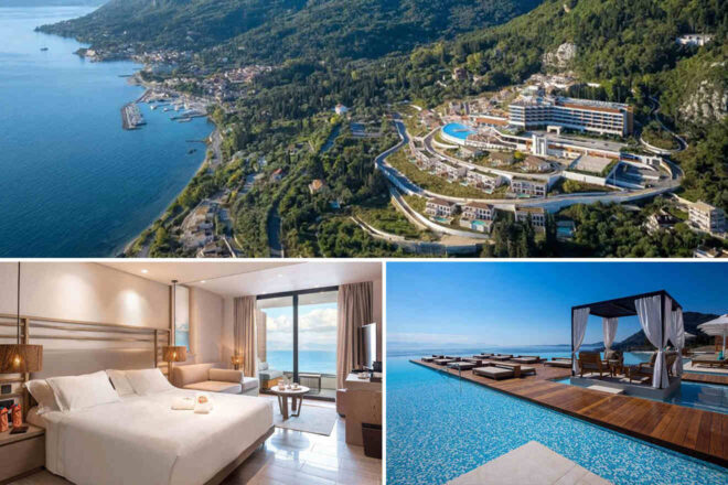 A collage of three images depicting a luxury stay in Benitses: a sleek bedroom with floor-to-ceiling windows offering an ocean view, an infinity pool with cabanas overlooking the sea, and an aerial shot of a hotel complex curving along the cliffside.