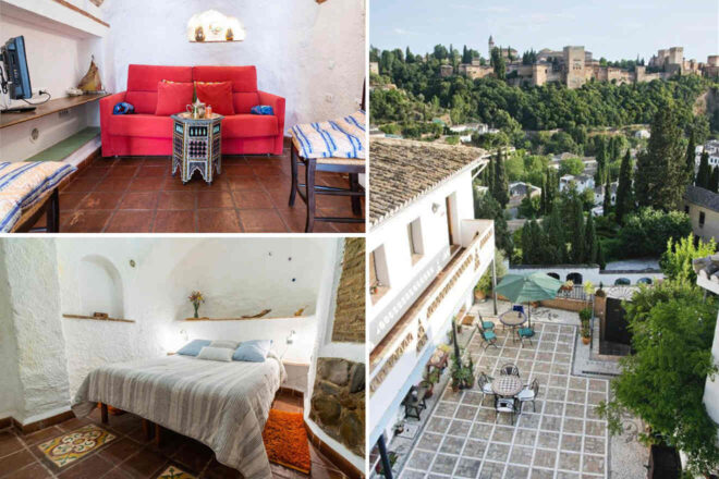 Collage of Apartamentos Montesclaros: a living room with red couch, a scenic overlook of a town and a tiled patio with garden furniture., a bedroom with white walls