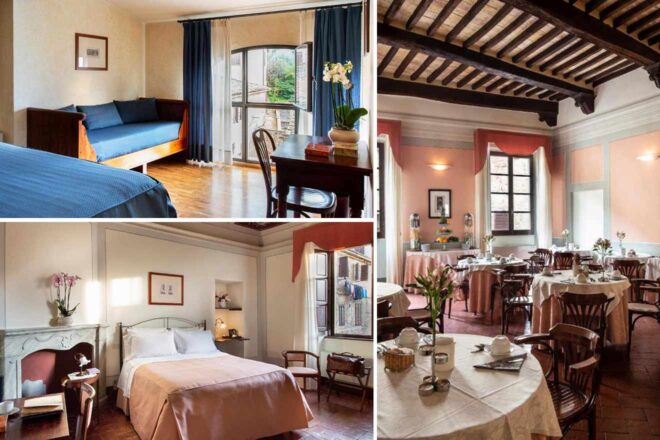 A collage of three images of a hotel to stay in San Gimignano:  a bedroom with a deep blue daybed by a large window, another cozy bedroom with an ornamental fireplace, and a dining room with tables set for a meal under exposed wooden beams, all conveying a sense of classic comfort and timeless elegance.