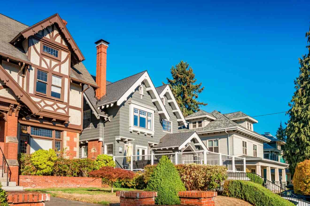 Charming bungalow-style homes in Nob Hill's residential area with intricate architectural details and lush landscaping