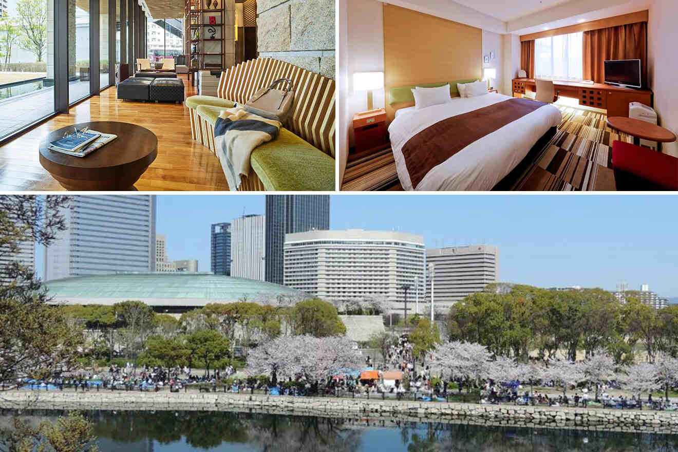 Collage of hotels in Osaka Castle area: a luxury living room, a hotel bedroom, and a cityscape with a park and cherry blossoms.