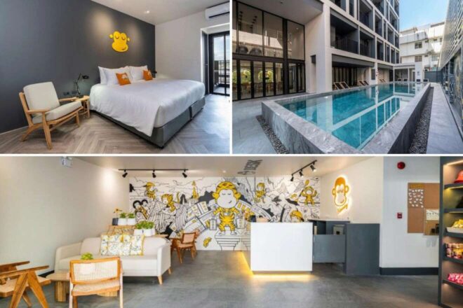 A collage of three hotel photos to stay in Krabi: a minimalist bedroom with grey walls adorned with a playful yellow cartoon character, a sleek hotel building with an elevated glass-walled pool, and a bright lobby area with artistic wall murals and cozy seating arrangements